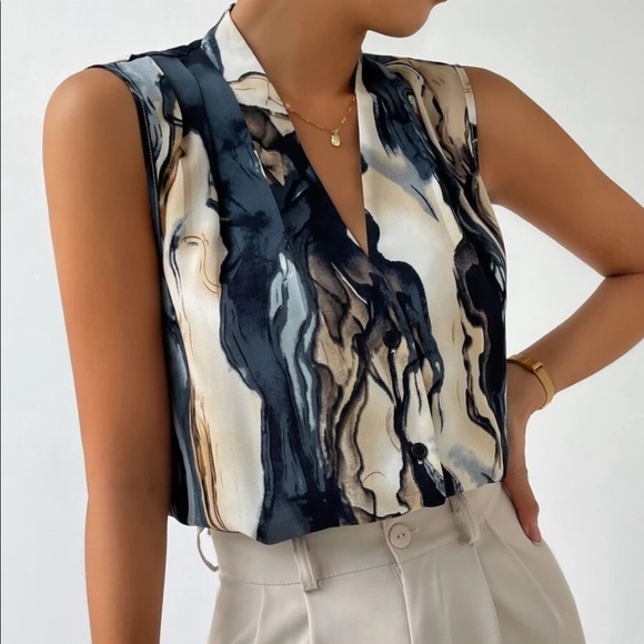 Marble Print Button Sleeveless Top Blouse Shirt - Picture 2 of 4